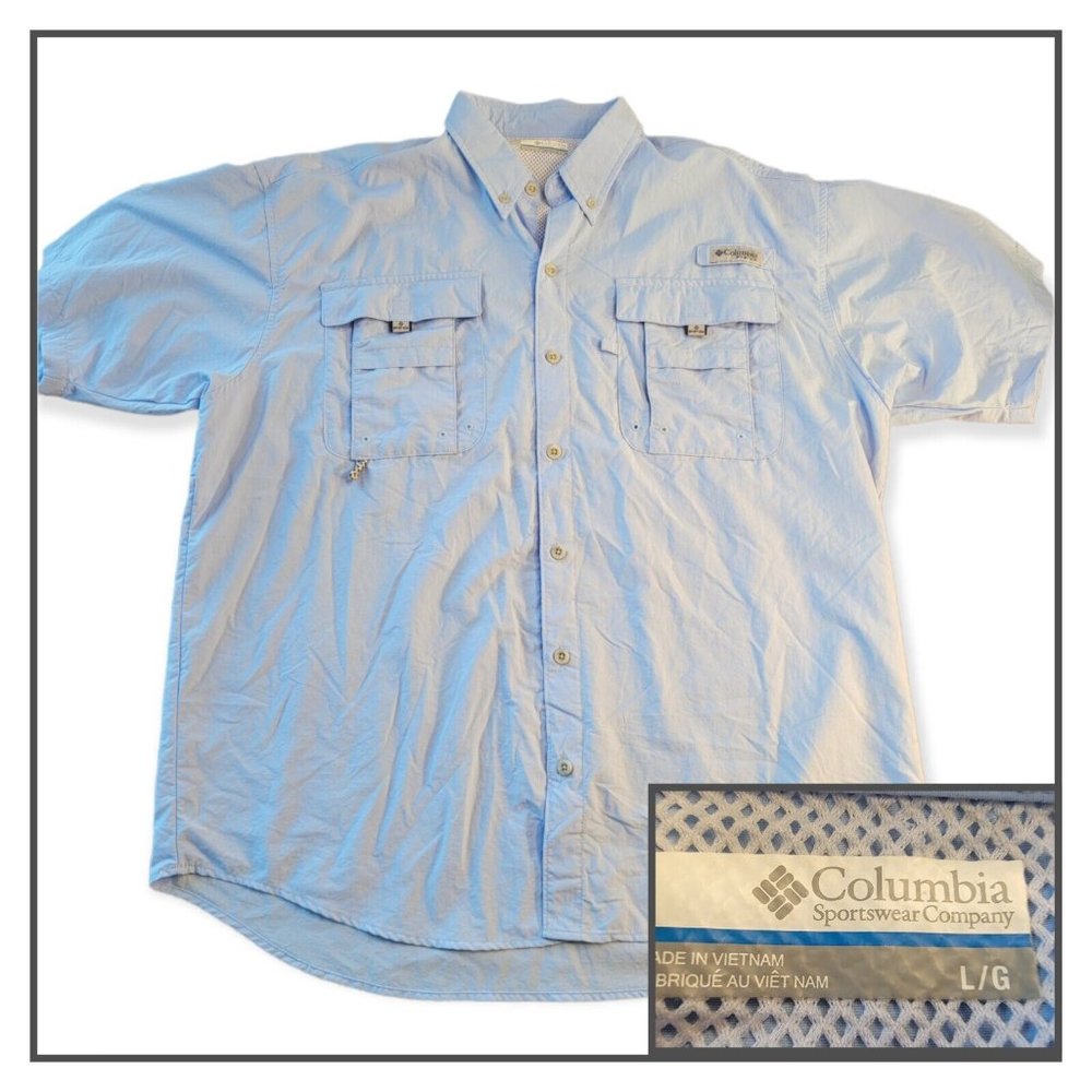 Columbia PFG Fishing Shirt Size Large Blue Short Sleeve Vented Performance